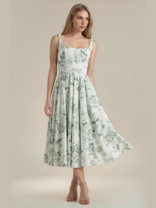 Eliza | Square Neck Corset Seam Pleated Midi Dress