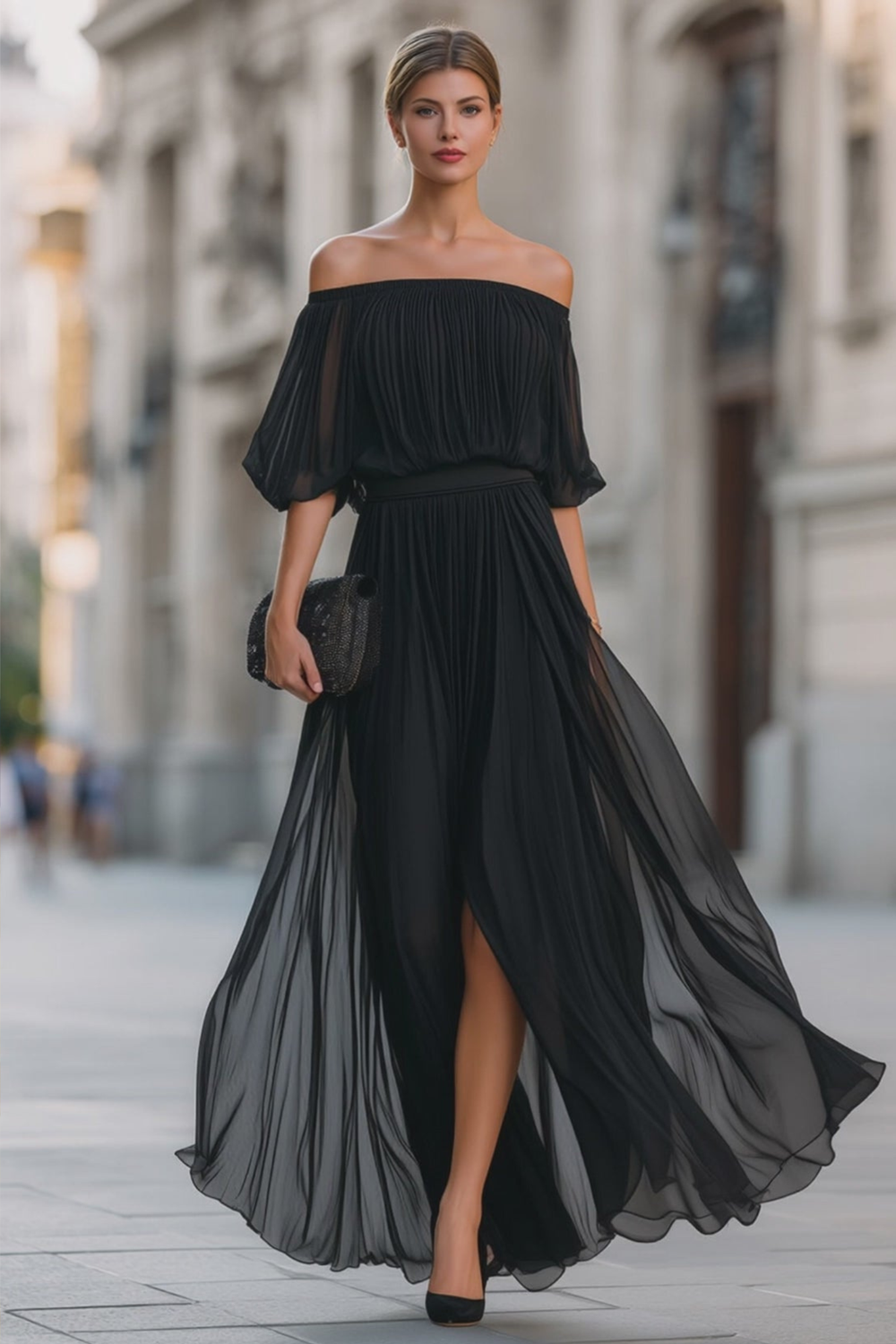 Ophelia Pleated Chiffon Off-Shoulder Maxi Dress