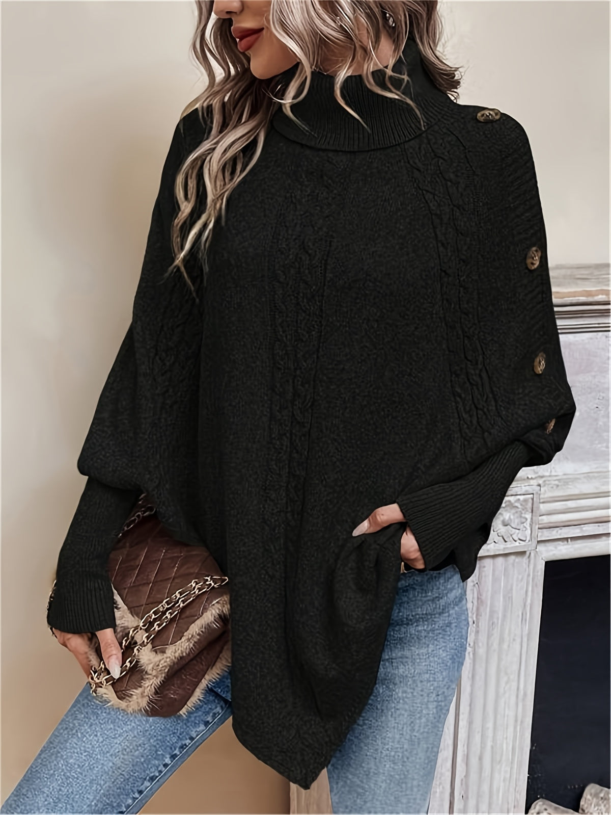 Orla Cable Knit Roll Neck Cape - view 8