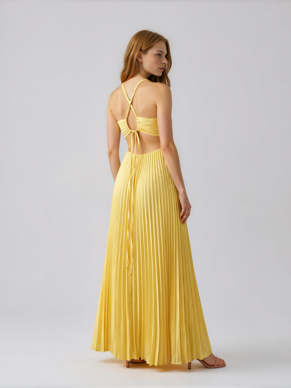 Olivia | Pleated Halter Neck Maxi Dress with Open Back