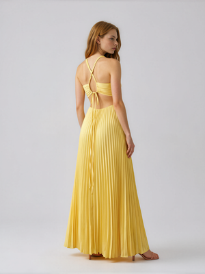 Olivia | Pleated Halter Neck Maxi Dress with Open Back
