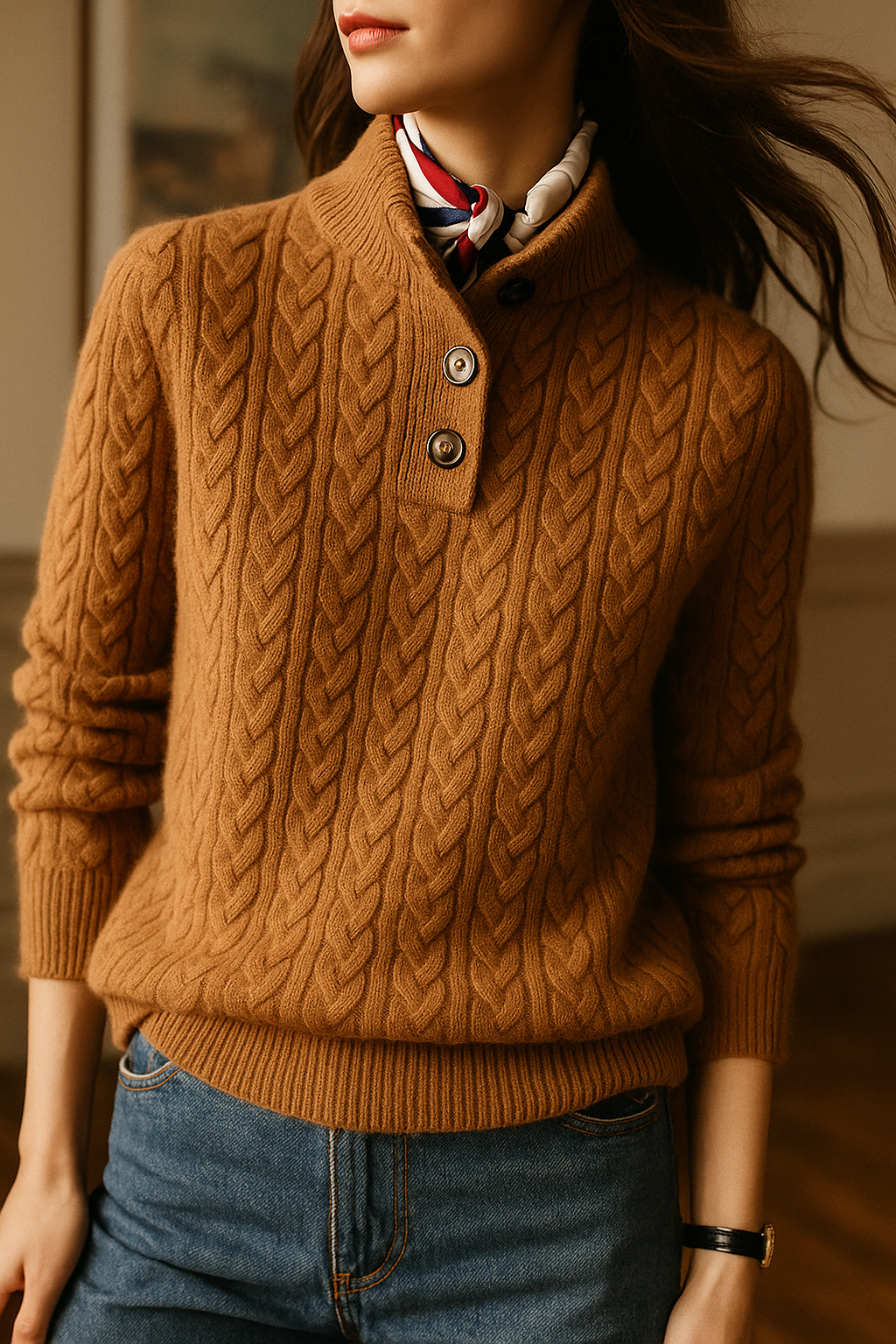 Harriet Button-Up Cable Knit Jumper with Stand Collar, Cosy Winter Knit - view 18
