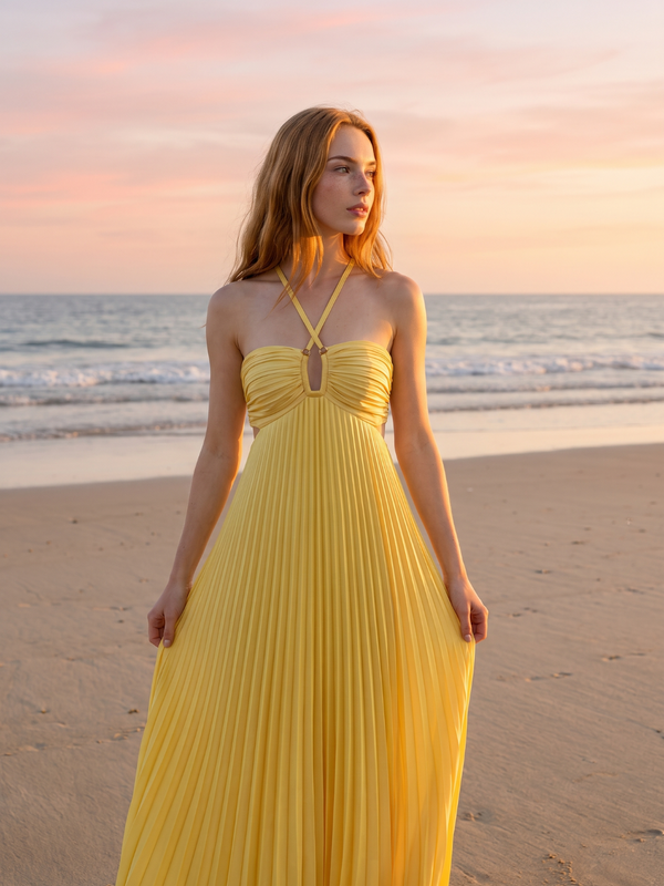 Olivia | Pleated Halter Neck Maxi Dress with Open Back