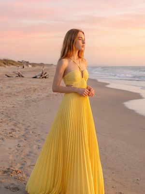 Olivia | Pleated Halter Neck Maxi Dress with Open Back