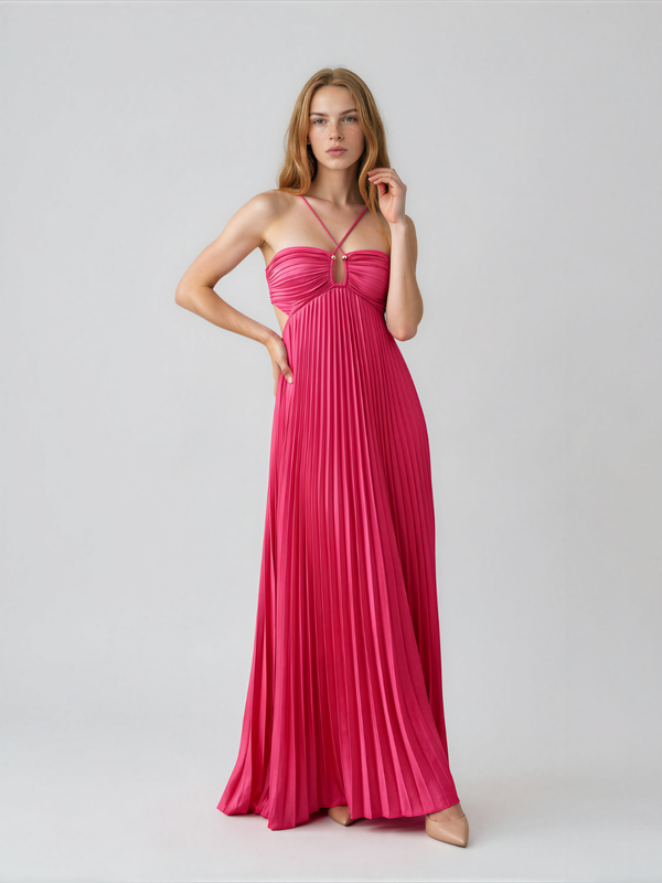Olivia | Pleated Halter Neck Maxi Dress with Open Back