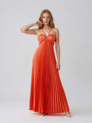 Olivia | Pleated Halter Neck Maxi Dress with Open Back
