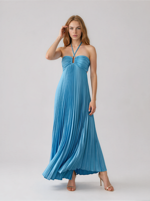 Olivia | Pleated Halter Neck Maxi Dress with Open Back