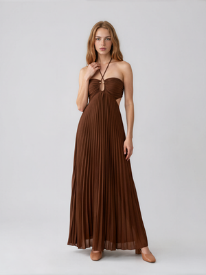 Olivia | Pleated Halter Neck Maxi Dress with Open Back