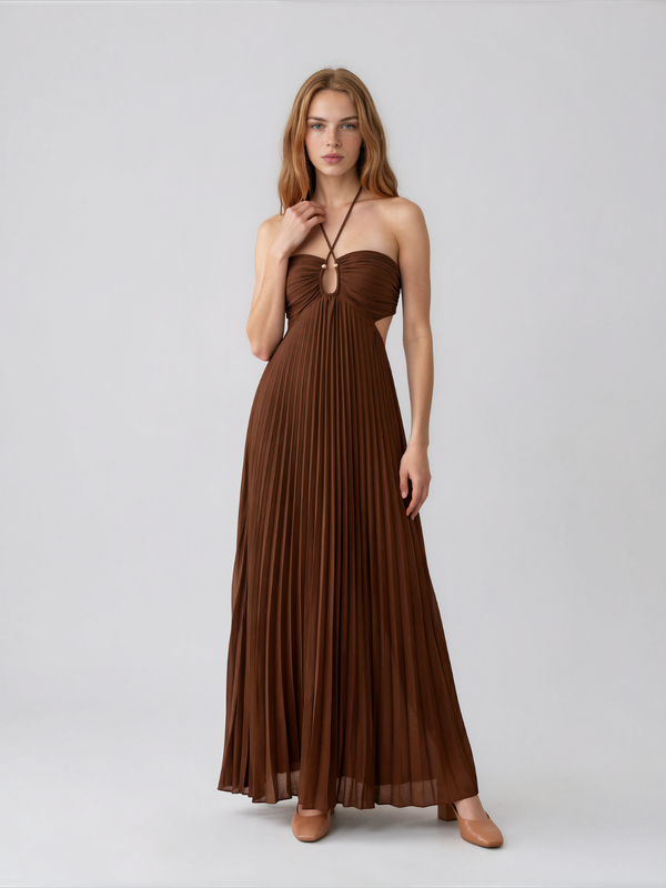 Olivia | Pleated Halter Neck Maxi Dress with Open Back