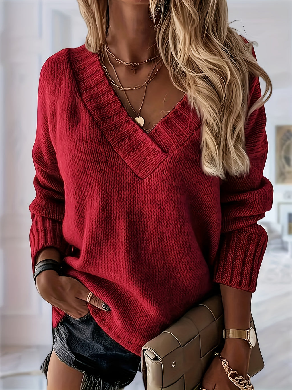 Lily Deep V Neck Oversized Jumper - view 5