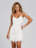 Georgina Fringe Mini Dress with Feather Trim Hem and Spaghetti Straps - front view