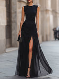Draped High-Slit Layered Maxi Evening Dress Draped High-Slit Layered Maxi Evening Dress - front view