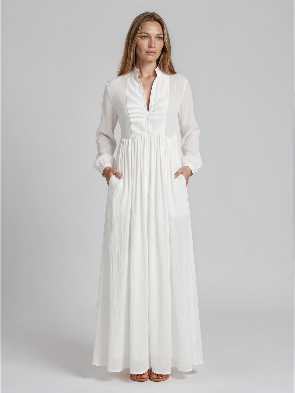 Elizabeth | Button Front Maxi Shirt Dress with Pintuck Bib and Long Sleeves