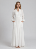 Elizabeth Button Front Maxi Shirt Dress with Pintuck Bib and Long Sleeves - front view