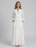 Elizabeth Button Front Maxi Shirt Dress with Pintuck Bib and Long Sleeves - front view