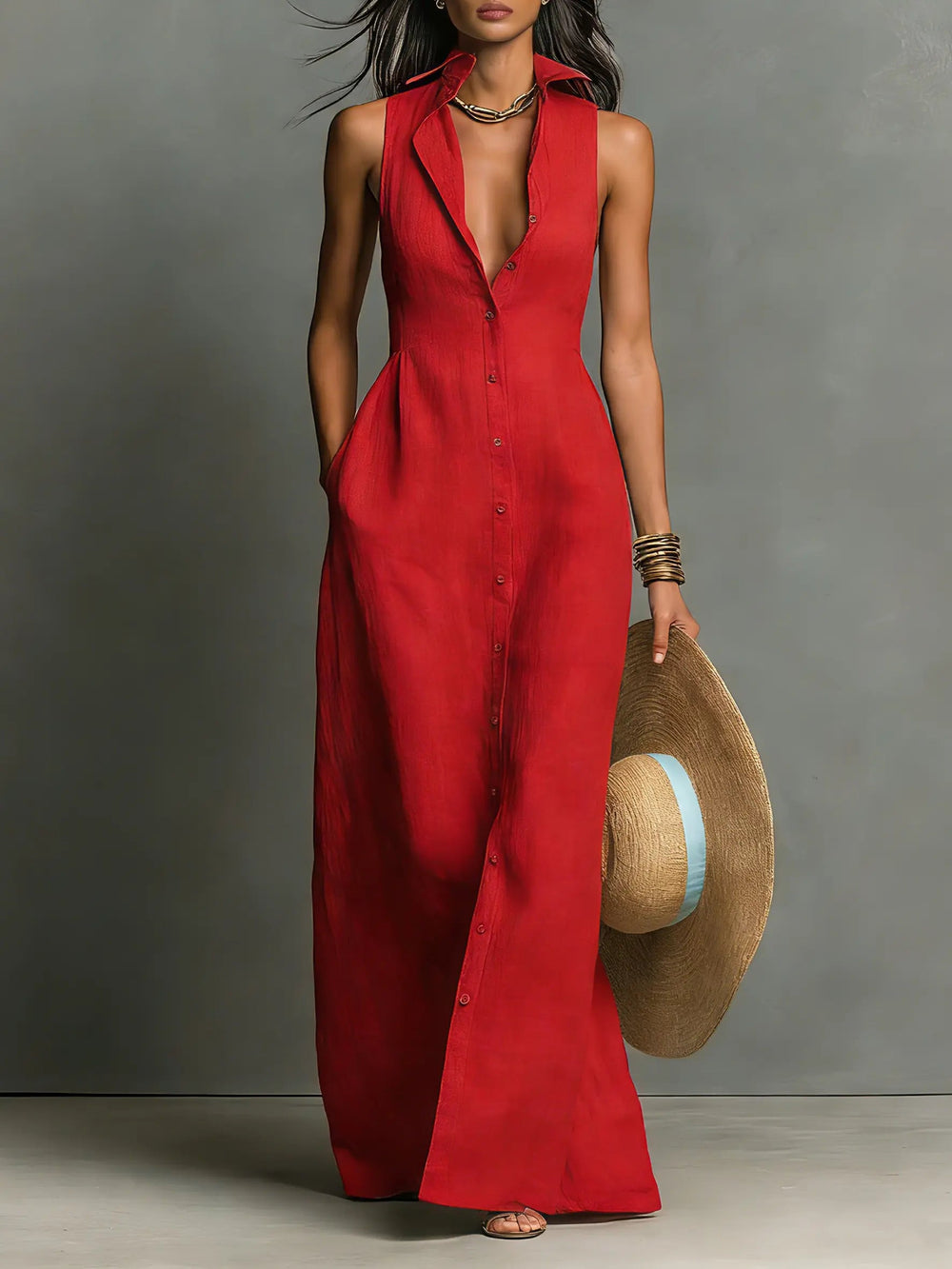 Claudette | Sleeveless Linen Maxi Shirt Dress — RoselynAtelier