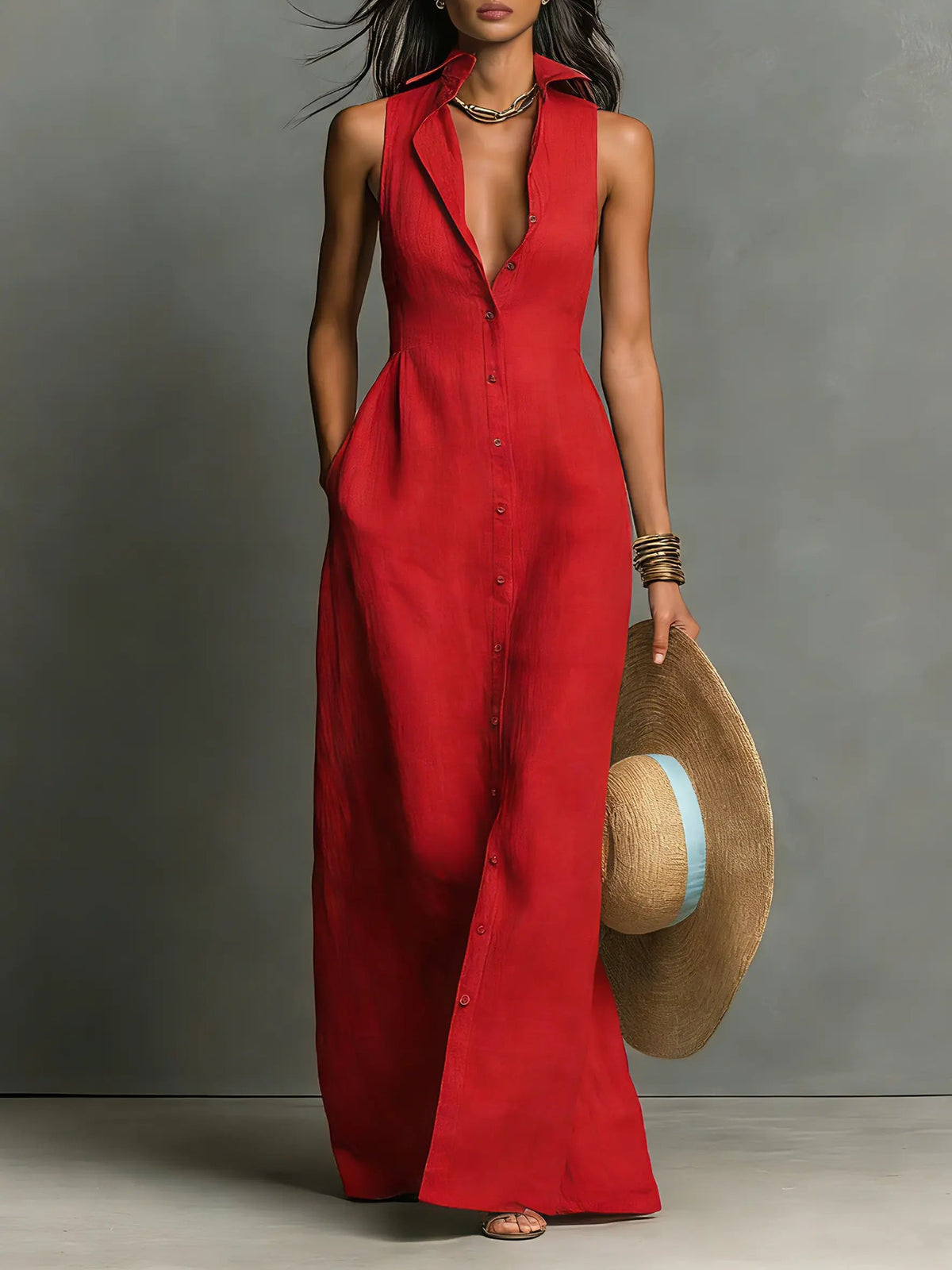 Claudette Sleeveless Collared Maxi Shirt Dress - front view