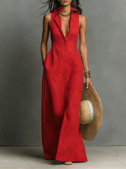 Claudette | Sleeveless Linen Maxi Shirt Dress — RoselynAtelier