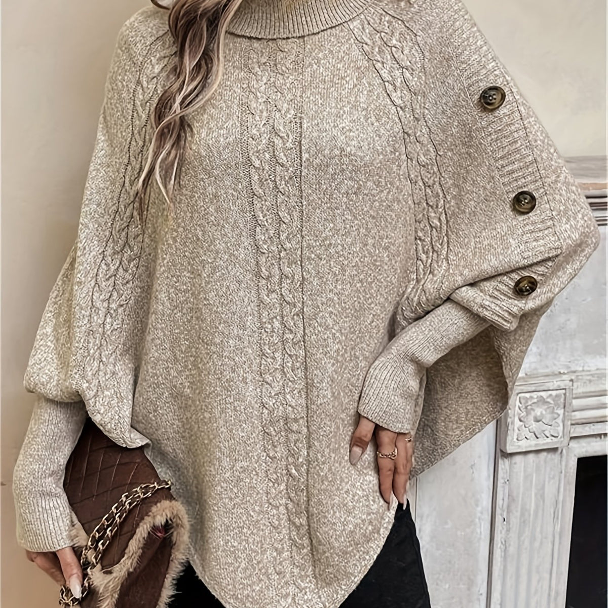 Orla Cable Knit Roll Neck Cape - view 11