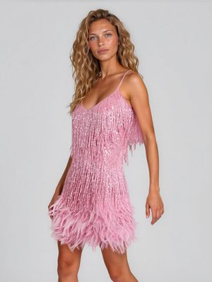 Georgina | Fringe Mini Dress with Feather Trim Hem and Spaghetti Straps
