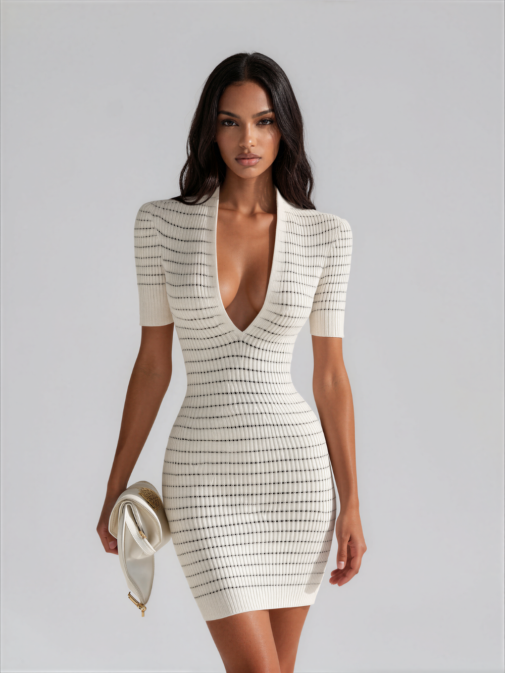 Lottie | Deep V Neck Striped Ribbed Knit Bodycon Mini Dress