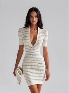 Lottie | Deep V Neck Striped Ribbed Knit Bodycon Mini Dress