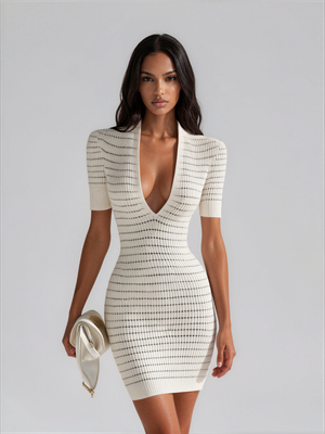 Lottie | Deep V Neck Striped Ribbed Knit Bodycon Mini Dress