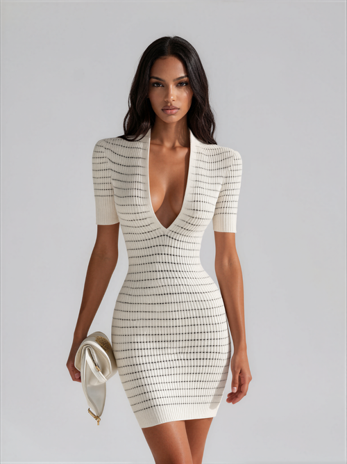 Lottie | Deep V Neck Striped Ribbed Knit Bodycon Mini Dress