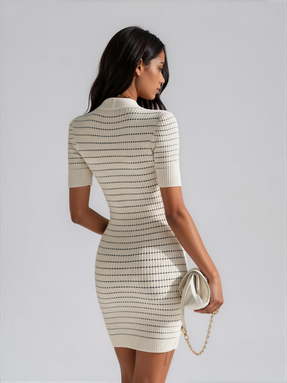 Lottie | Deep V Neck Striped Ribbed Knit Bodycon Mini Dress