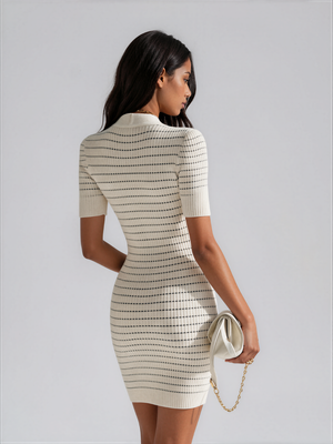 Lottie | Deep V Neck Striped Ribbed Knit Bodycon Mini Dress