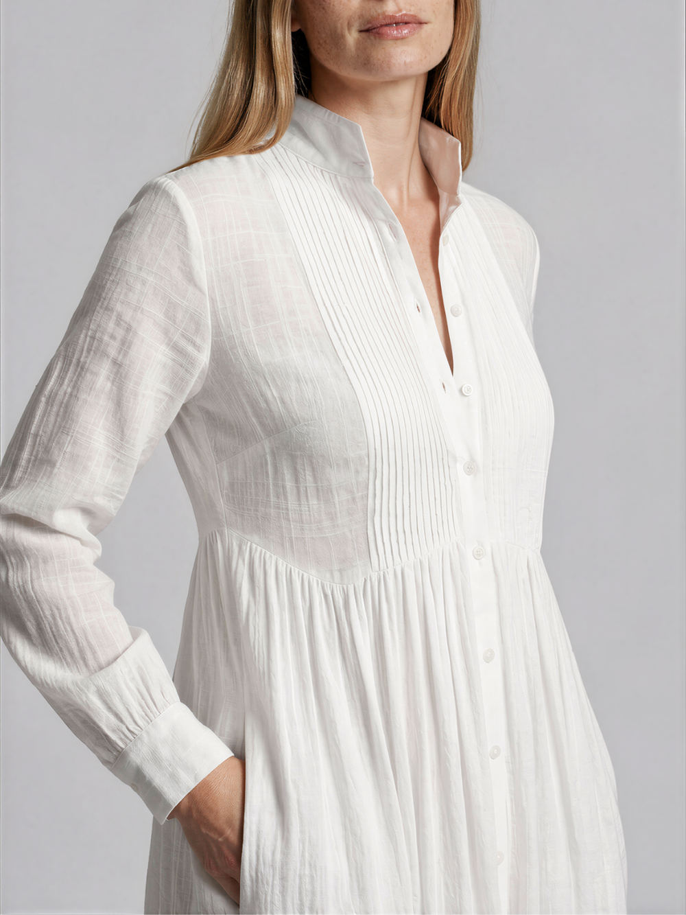 Elizabeth | Button Front Maxi Shirt Dress with Pintuck Bib and Long Sleeves