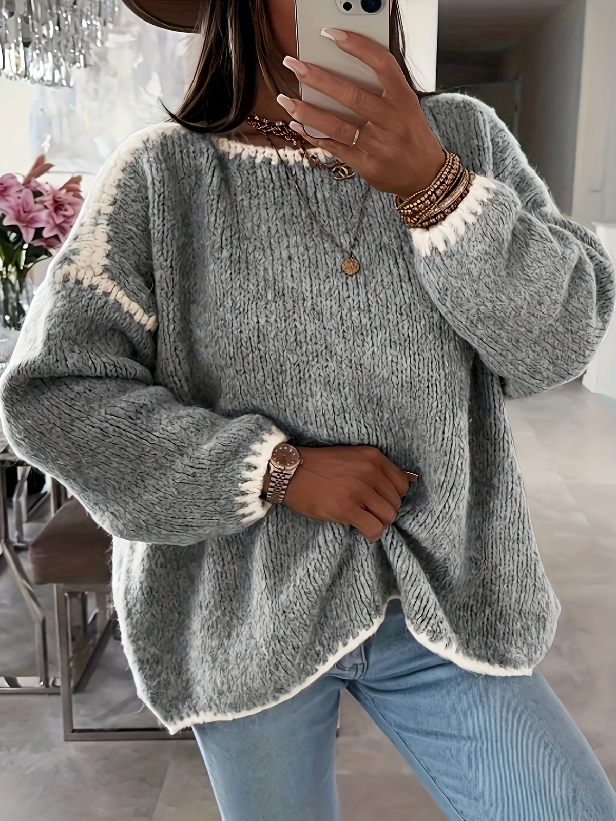 Daisy Colour Block Crew Neck Jumper - front view
