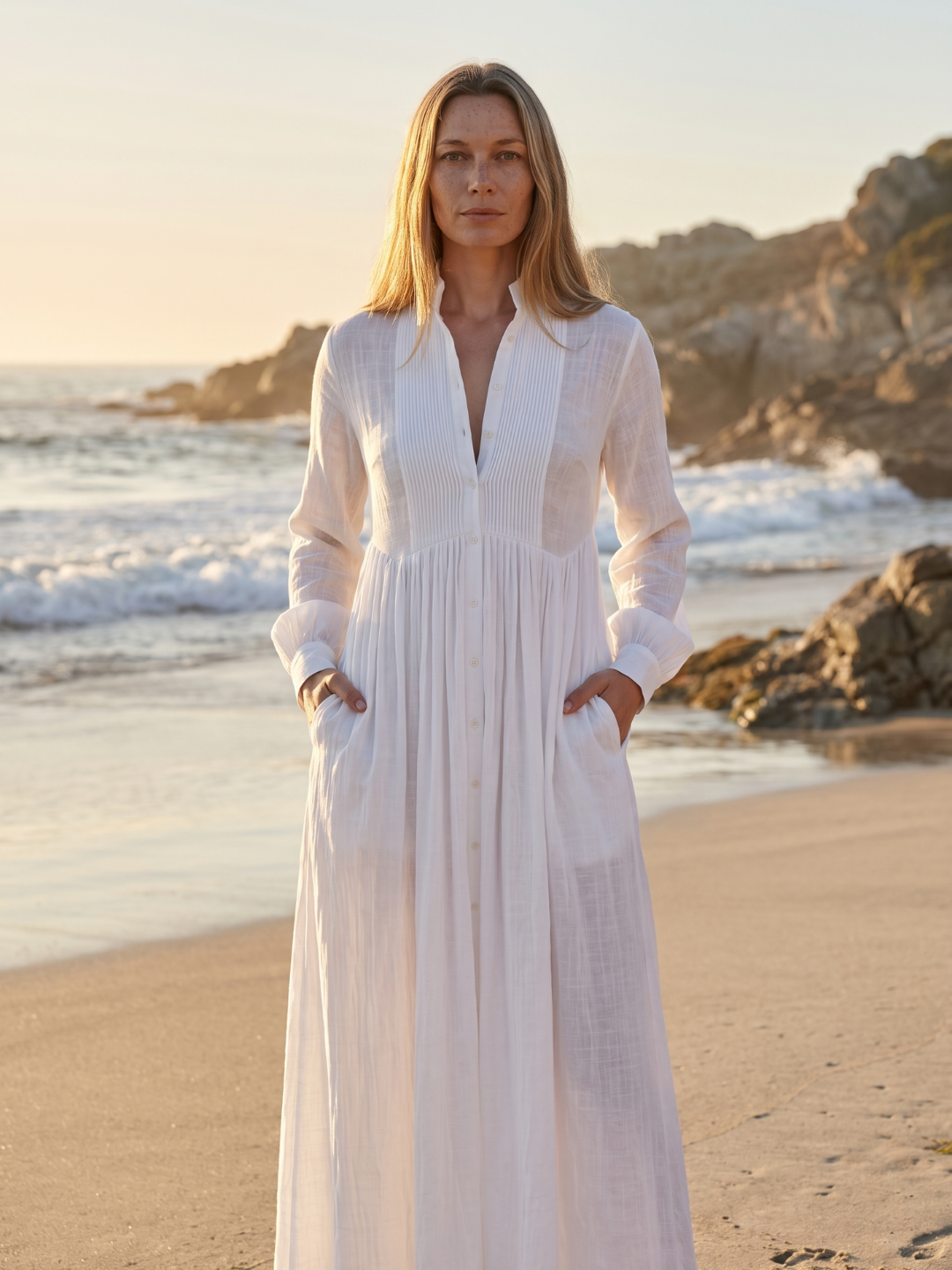 Elizabeth Button Front Maxi Shirt Dress with Pintuck Bib and Long Sleeves - view 3