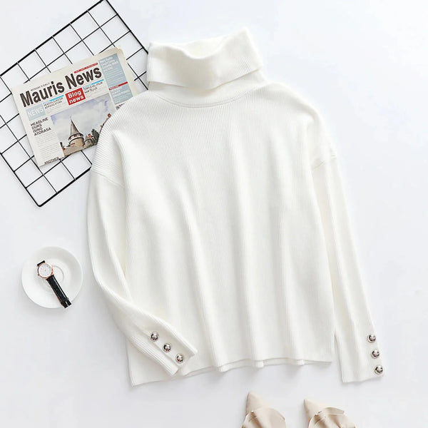 Florence | Turtleneck Ribbed Jumper with Button-Cuff Sleeves, Cosy Autumn Knit oaklynwear