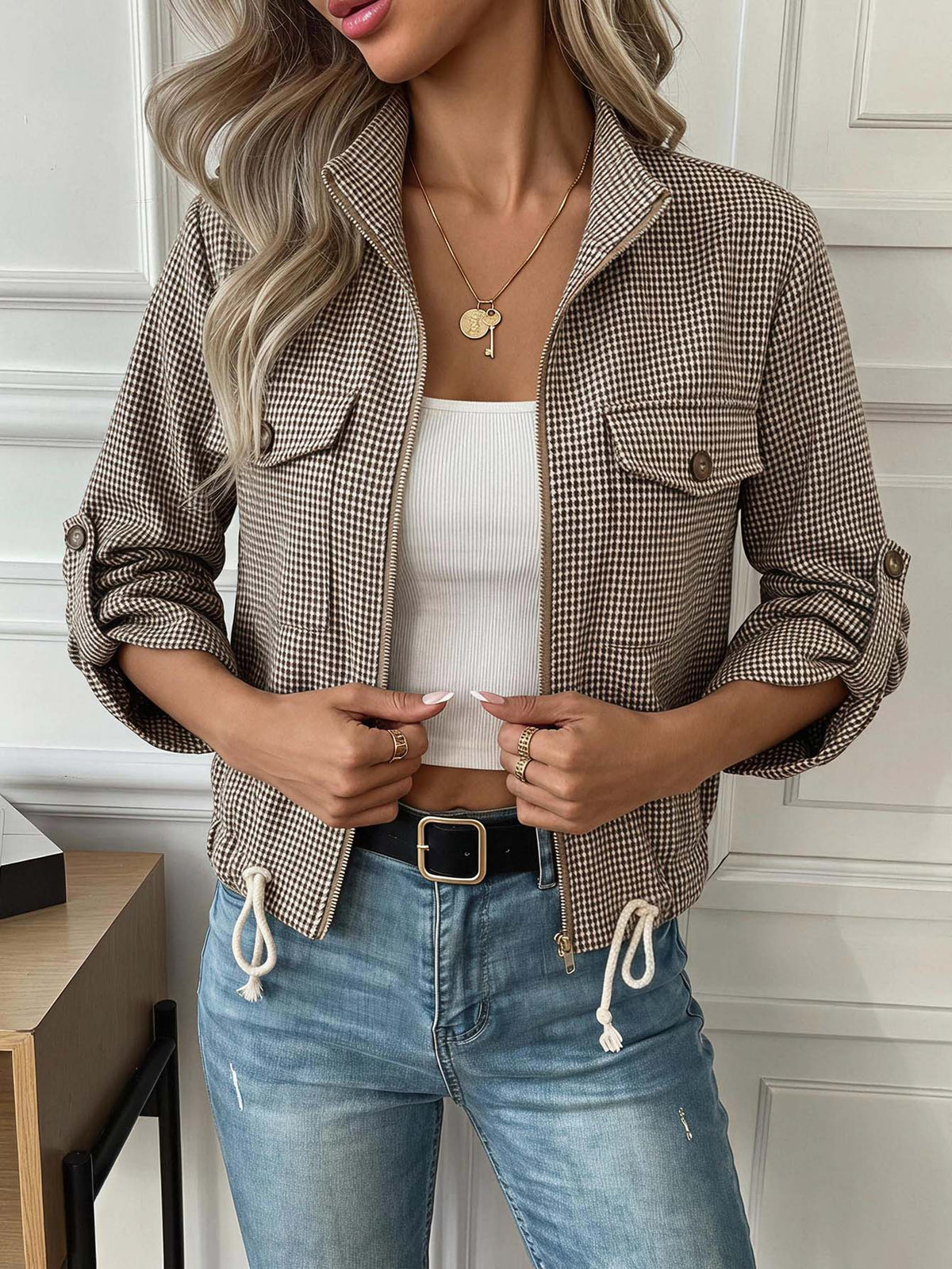 Hettie Stand Collar Drawstring Short Jacket - view 97