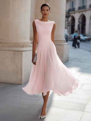 Isabelle | Draped Neck Pleated Midi Dress — RoselynAtelier