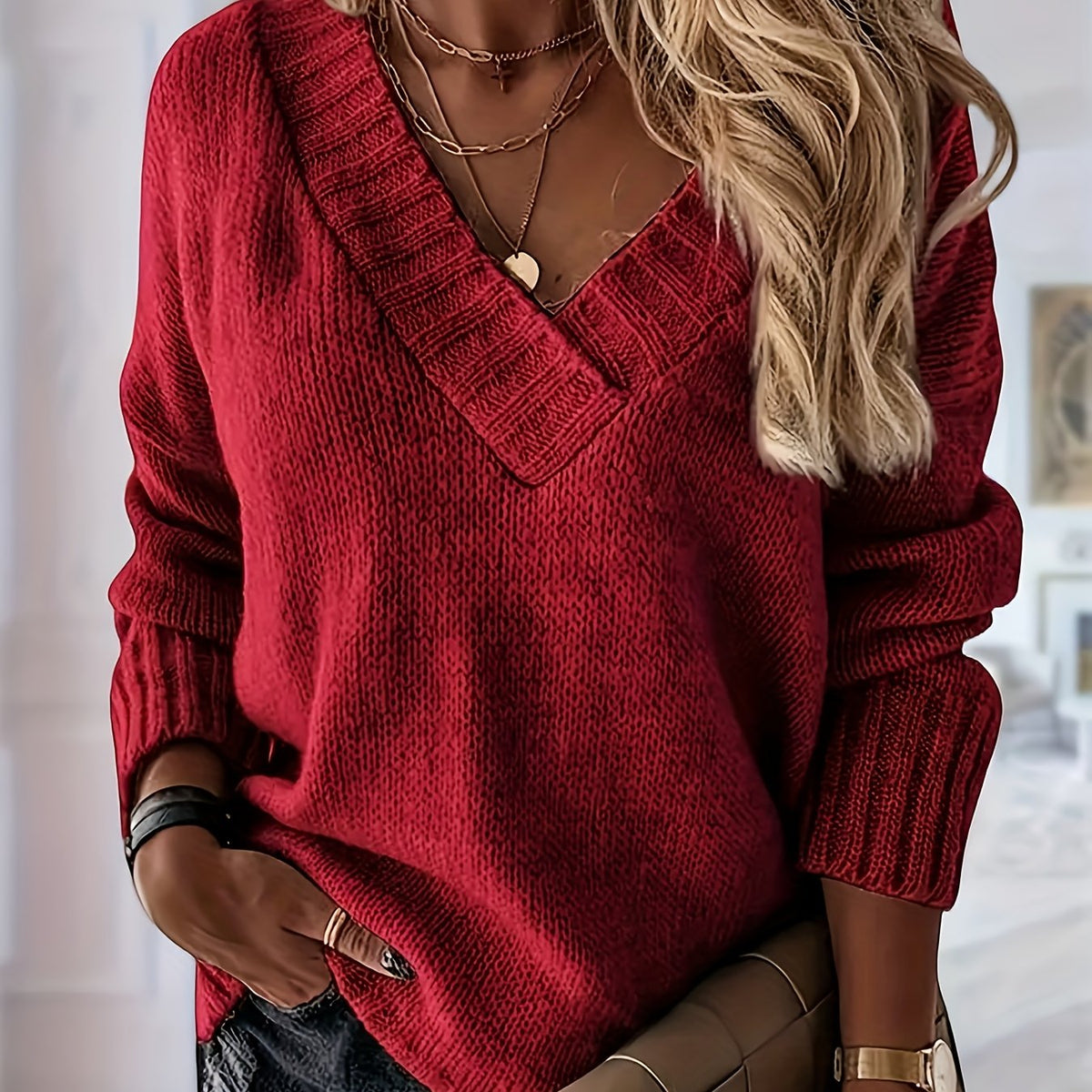 Lily Deep V Neck Oversized Jumper - view 12