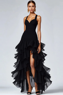 Black Organza A Line Tiered Thick Straps Ruffled Long Formal Dress