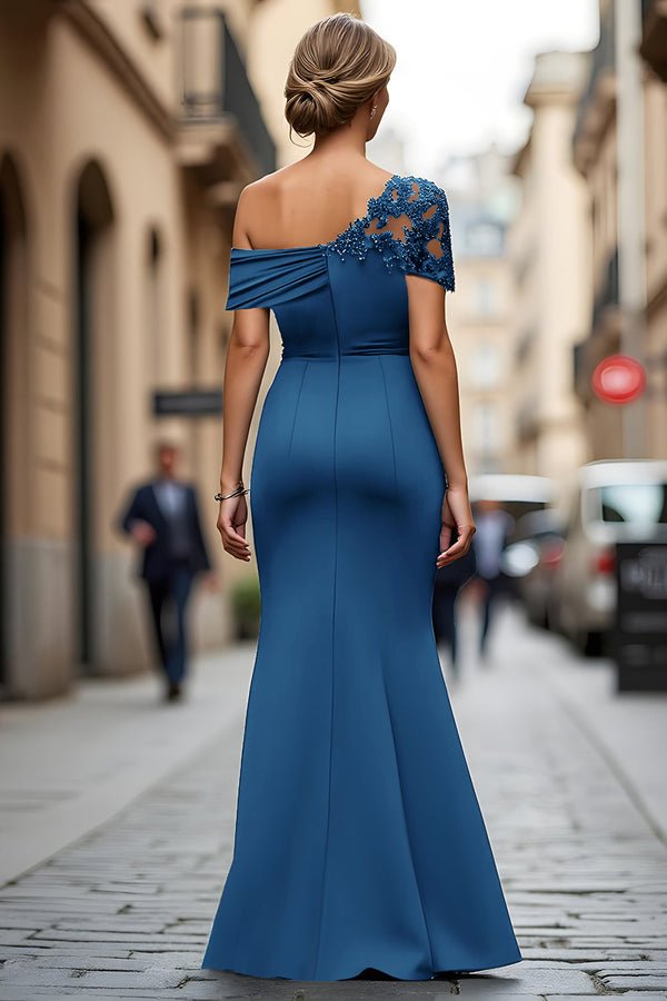 Black Long Mermaid Asymmetrical Mother of the Bride Dress with Appliques