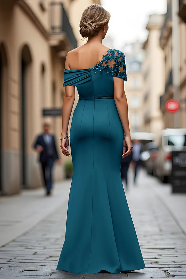Black Long Mermaid Asymmetrical Mother of the Bride Dress with Appliques