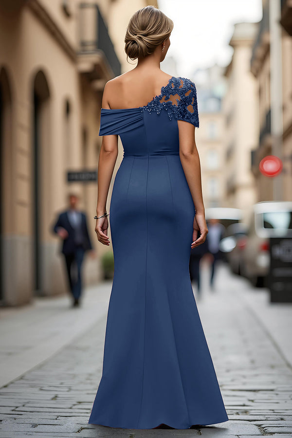 Black Long Mermaid Asymmetrical Mother of the Bride Dress with Appliques
