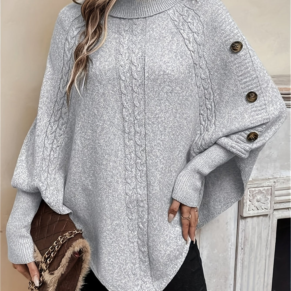 Orla Cable Knit Roll Neck Cape - view 12