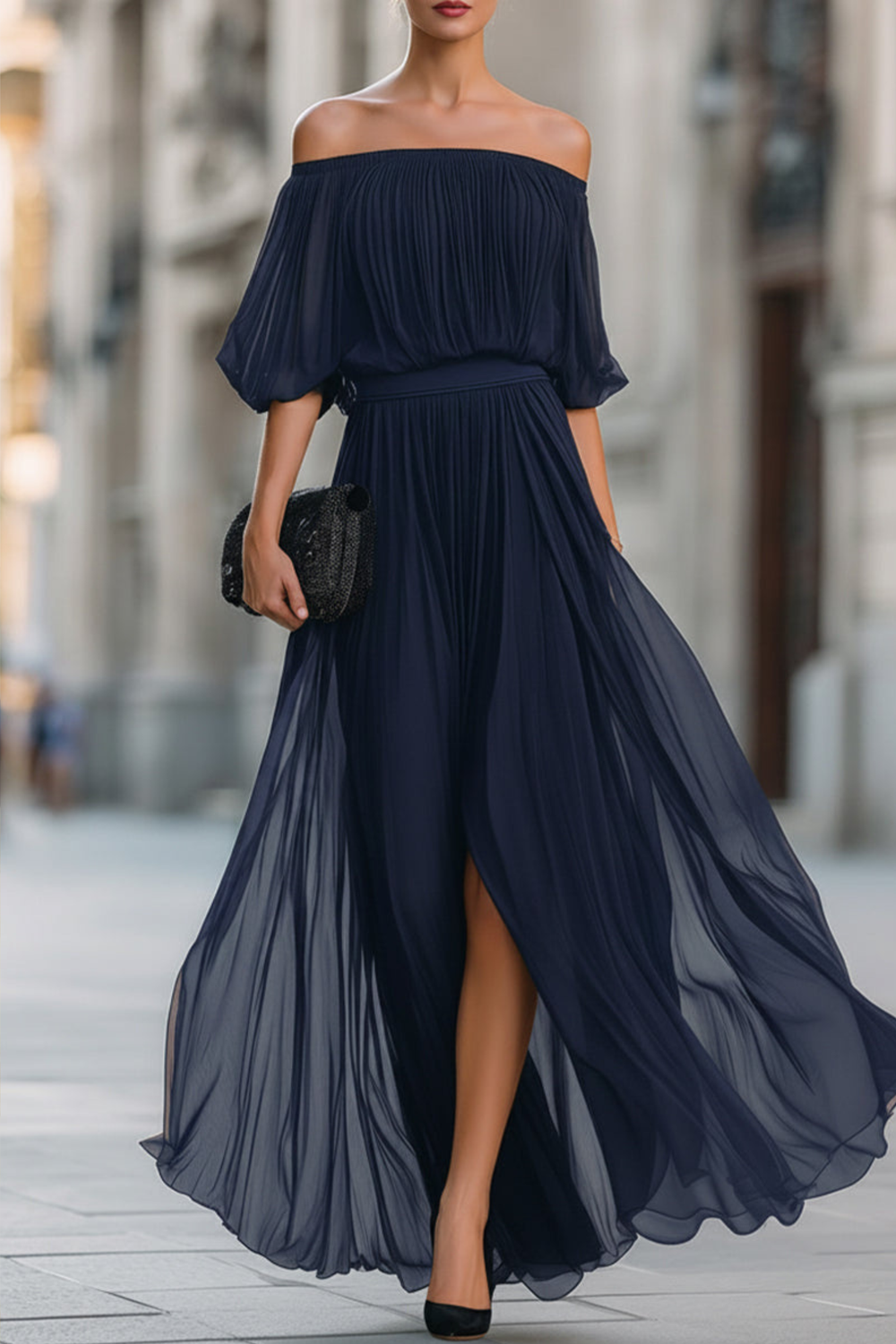 Pleated Chiffon Off Shoulder Maxi Dress