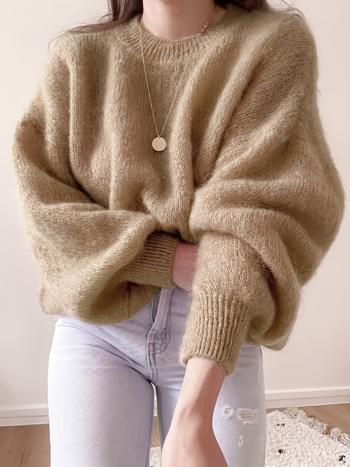 Etta Collarless Relaxed Knitted Jumper - front view