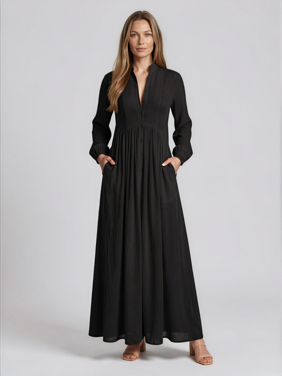 Elizabeth Button Front Maxi Shirt Dress with Pintuck Bib and Long Sleeves - view 7