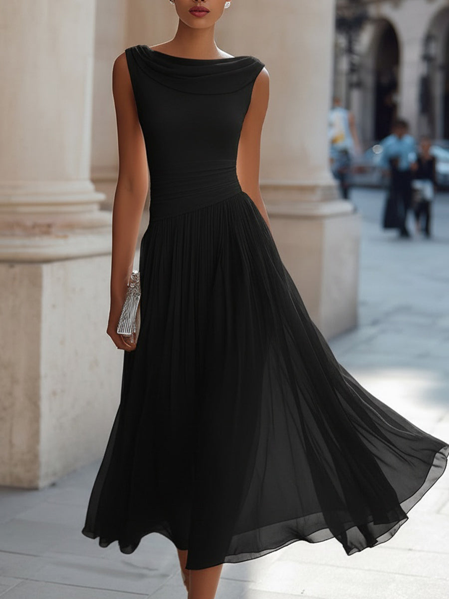 Isabelle | Draped Neck Pleated Midi Dress — RoselynAtelier