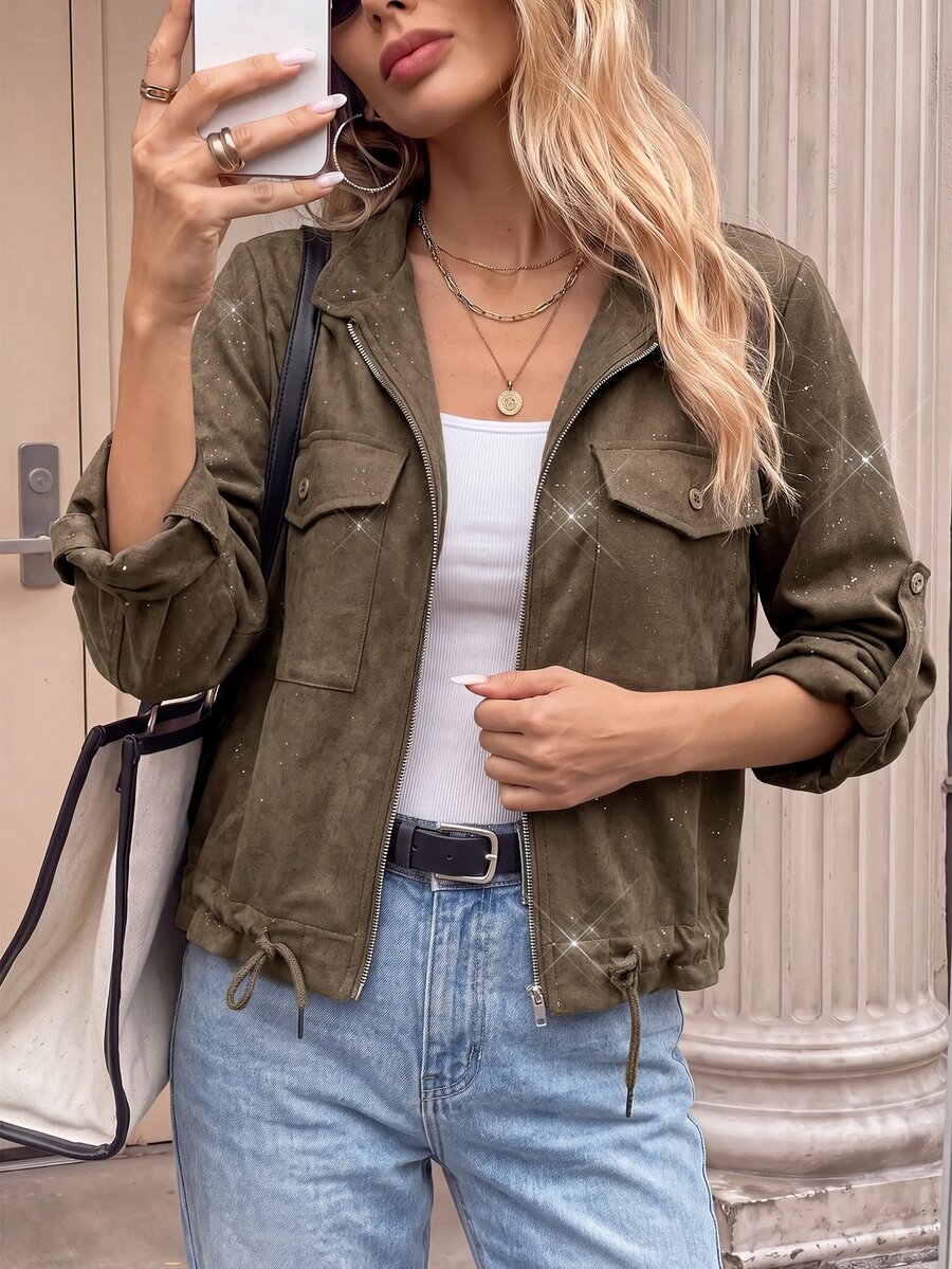 Hettie Stand Collar Drawstring Short Jacket - view 79