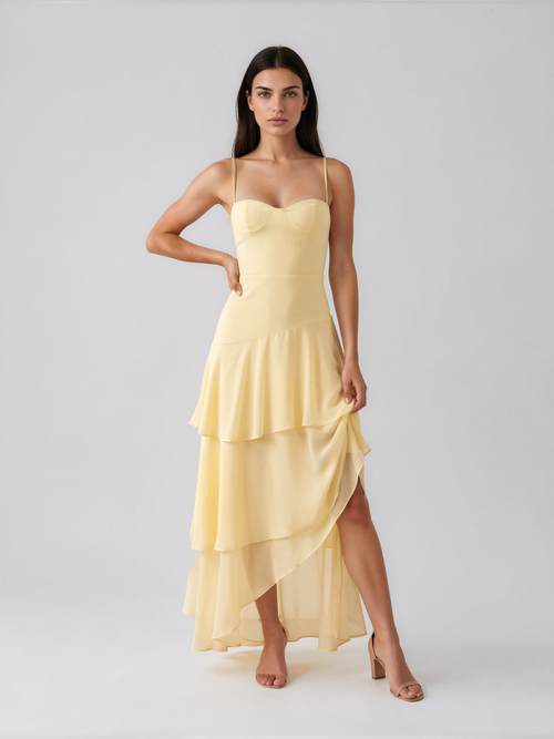 Harriet | Spaghetti Strap Sweetheart Tiered Chiffon Maxi Dress