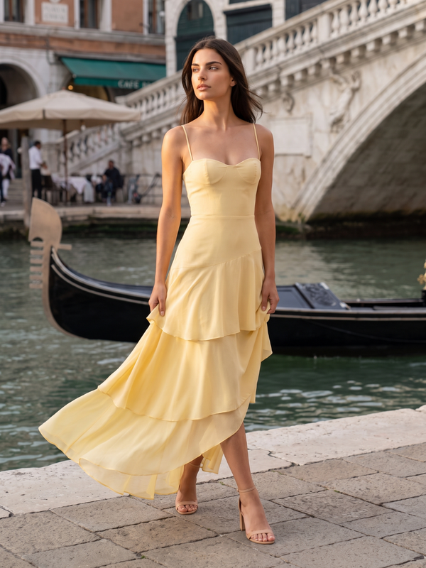 Harriet | Spaghetti Strap Sweetheart Tiered Chiffon Maxi Dress