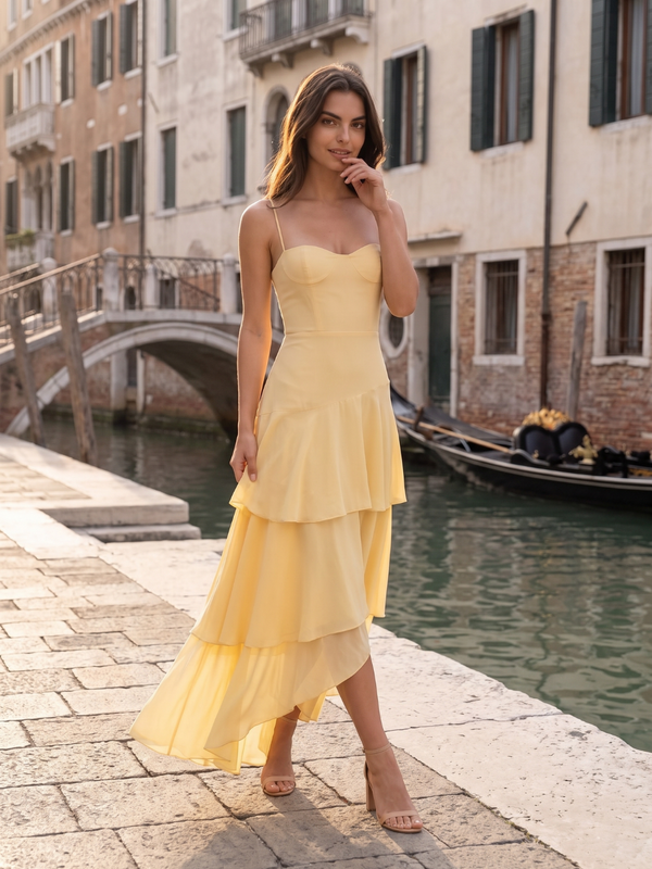 Harriet | Spaghetti Strap Sweetheart Tiered Chiffon Maxi Dress